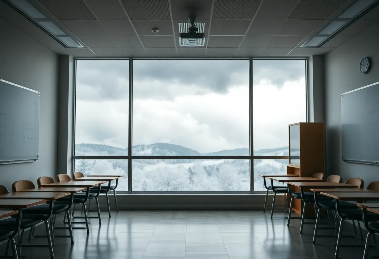 Empty classroom during severe weather