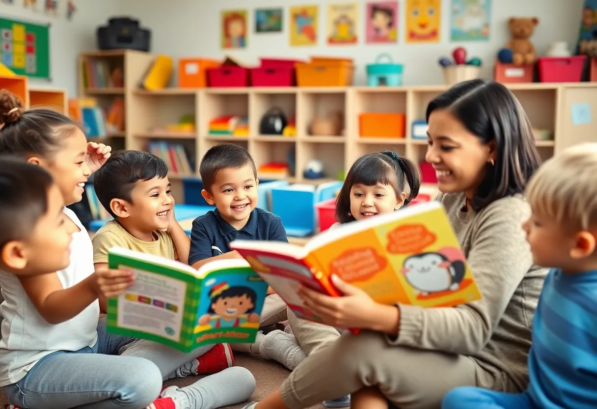 Students cheering in a classroom