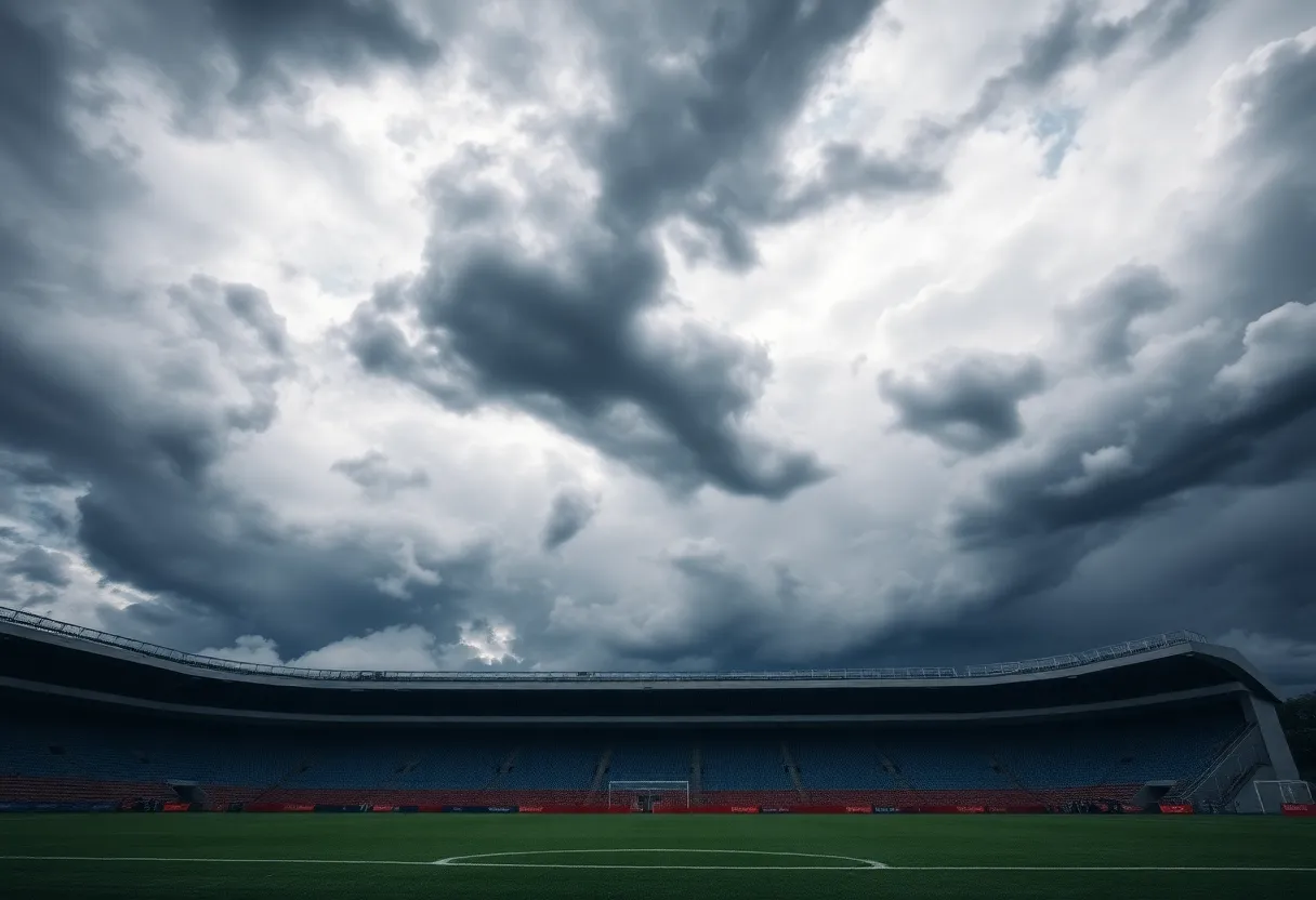 Storm clouds gathering over a soccer stadium