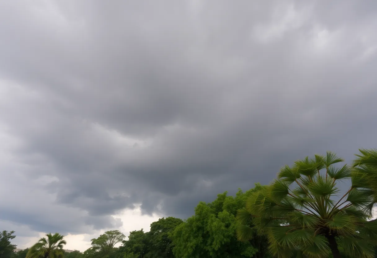 Stormy sky over a park with trees swaying in the wind.