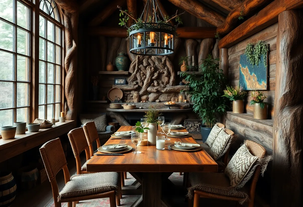 Interior view of The Hollow restaurant showcasing rustic design and forest-themed decor