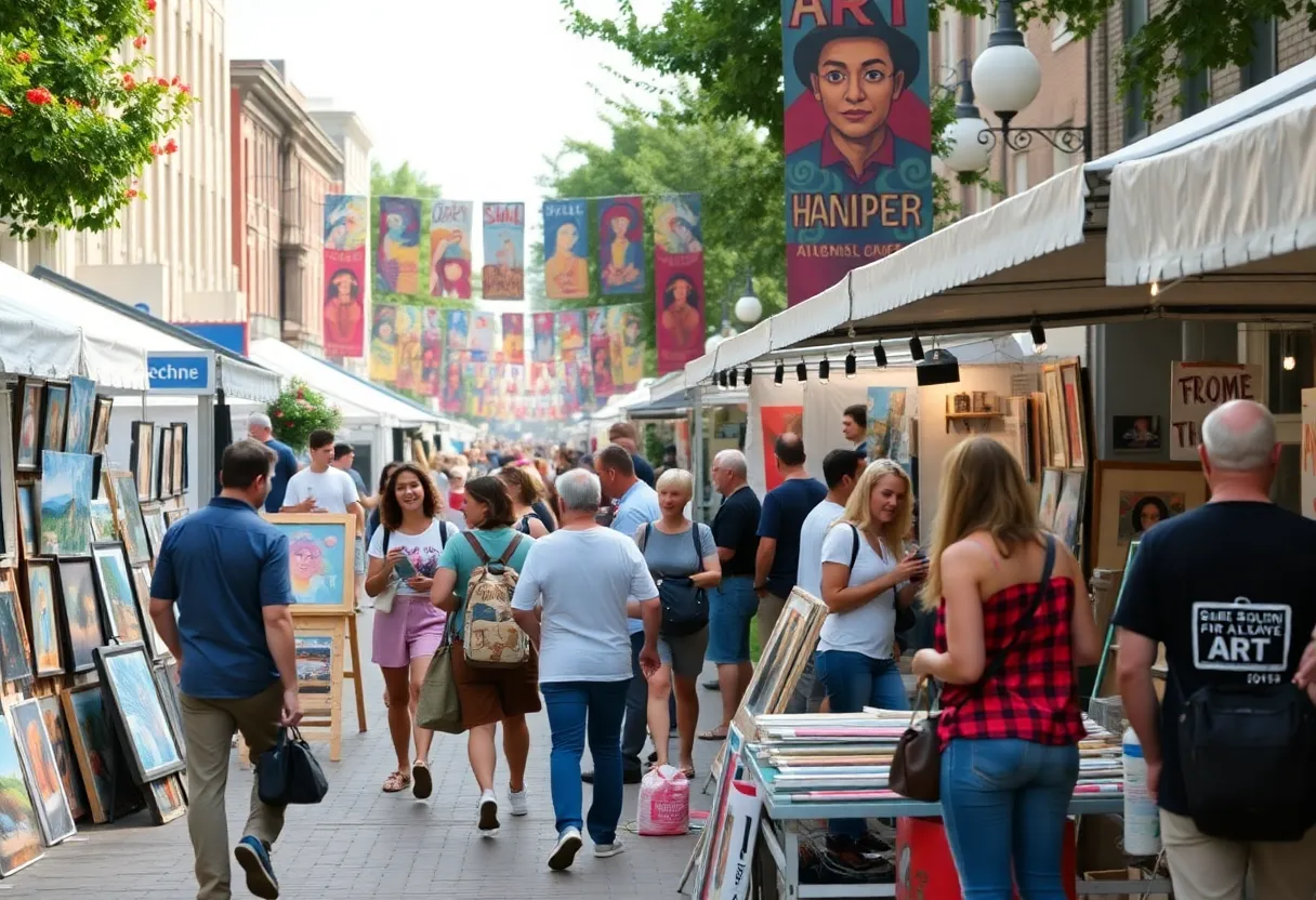 Visitors enjoying the Artista Vista Festival with art displays and demonstrations.