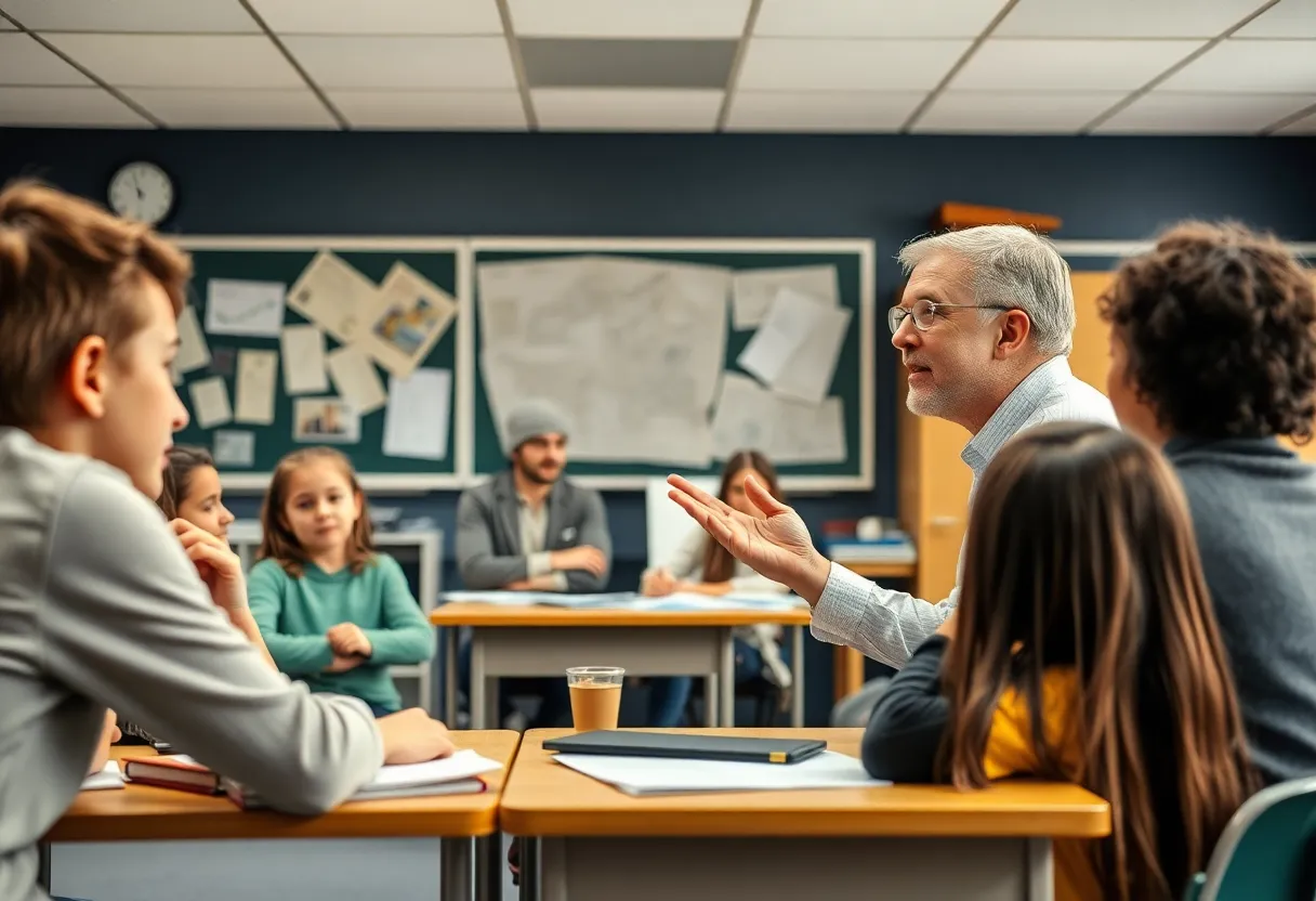 Teacher engaging with students in a history lesson
