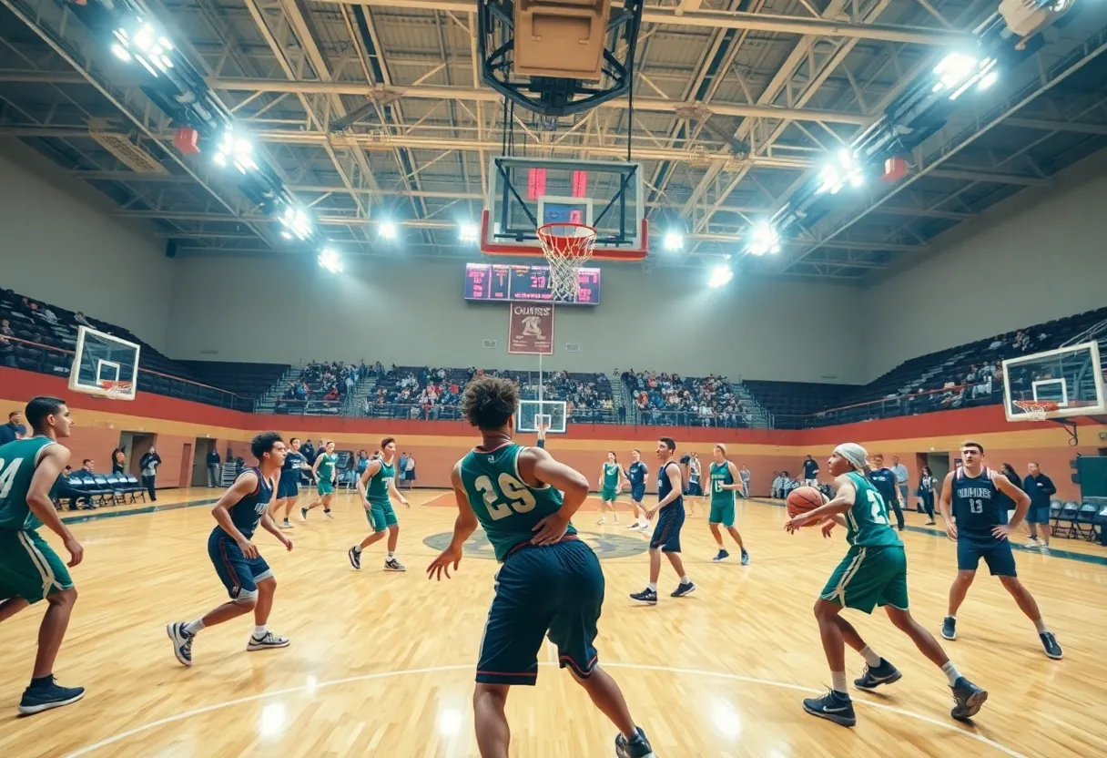 A college basketball game in progress with players showcasing teamwork and determination.