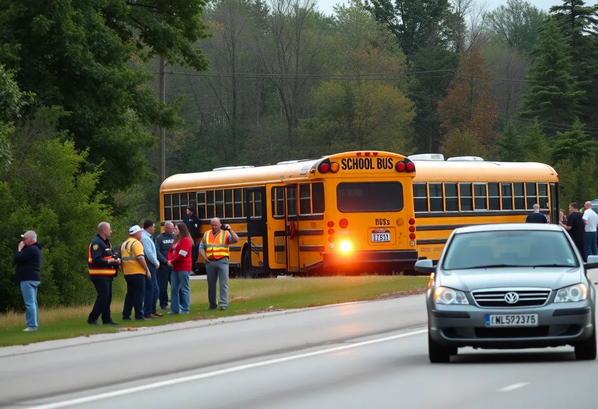 Scene of a school bus crash with emergency responders on site.