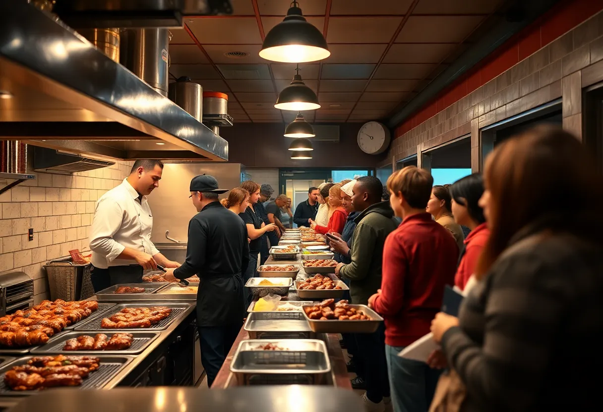 Inside view of City Limits Barbeque with chefs cooking and customers enjoying their meals.
