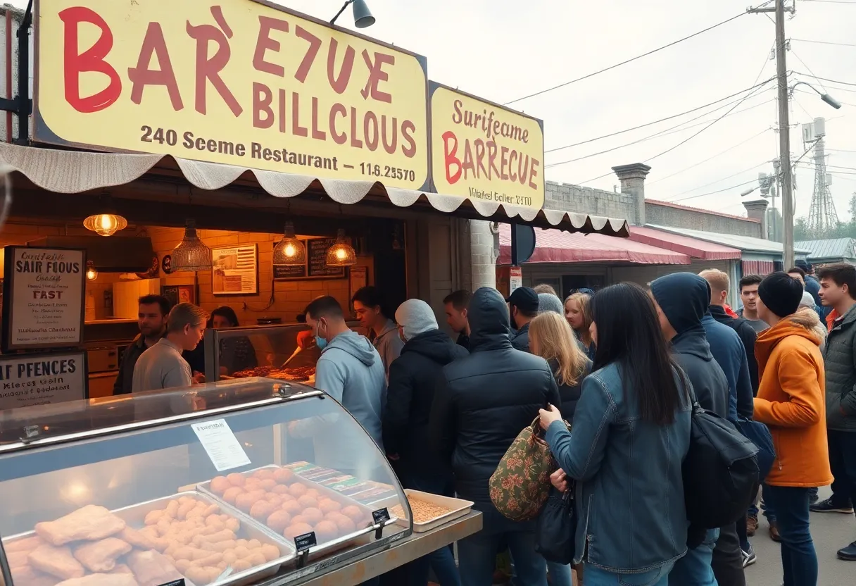 Patrons queuing at City Limits Barbeque restaurant