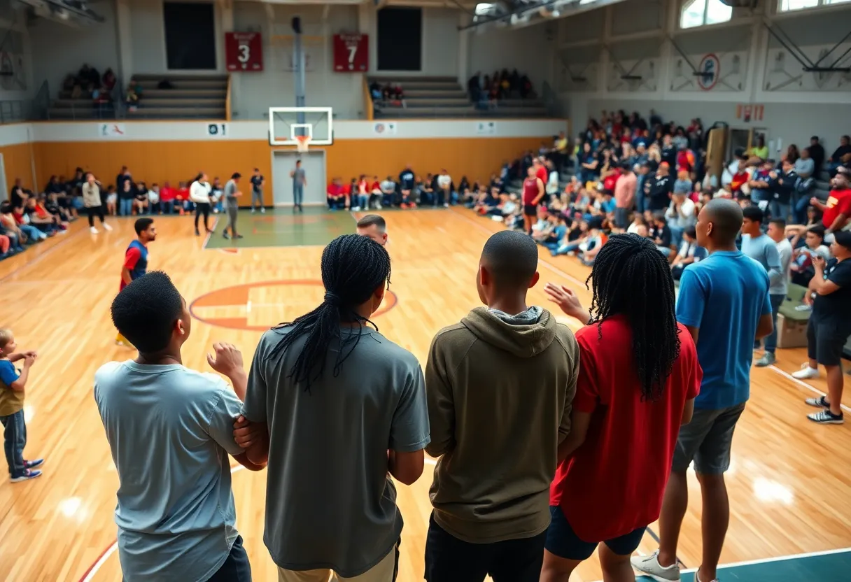 Columbia College men's basketball players practicing on the court