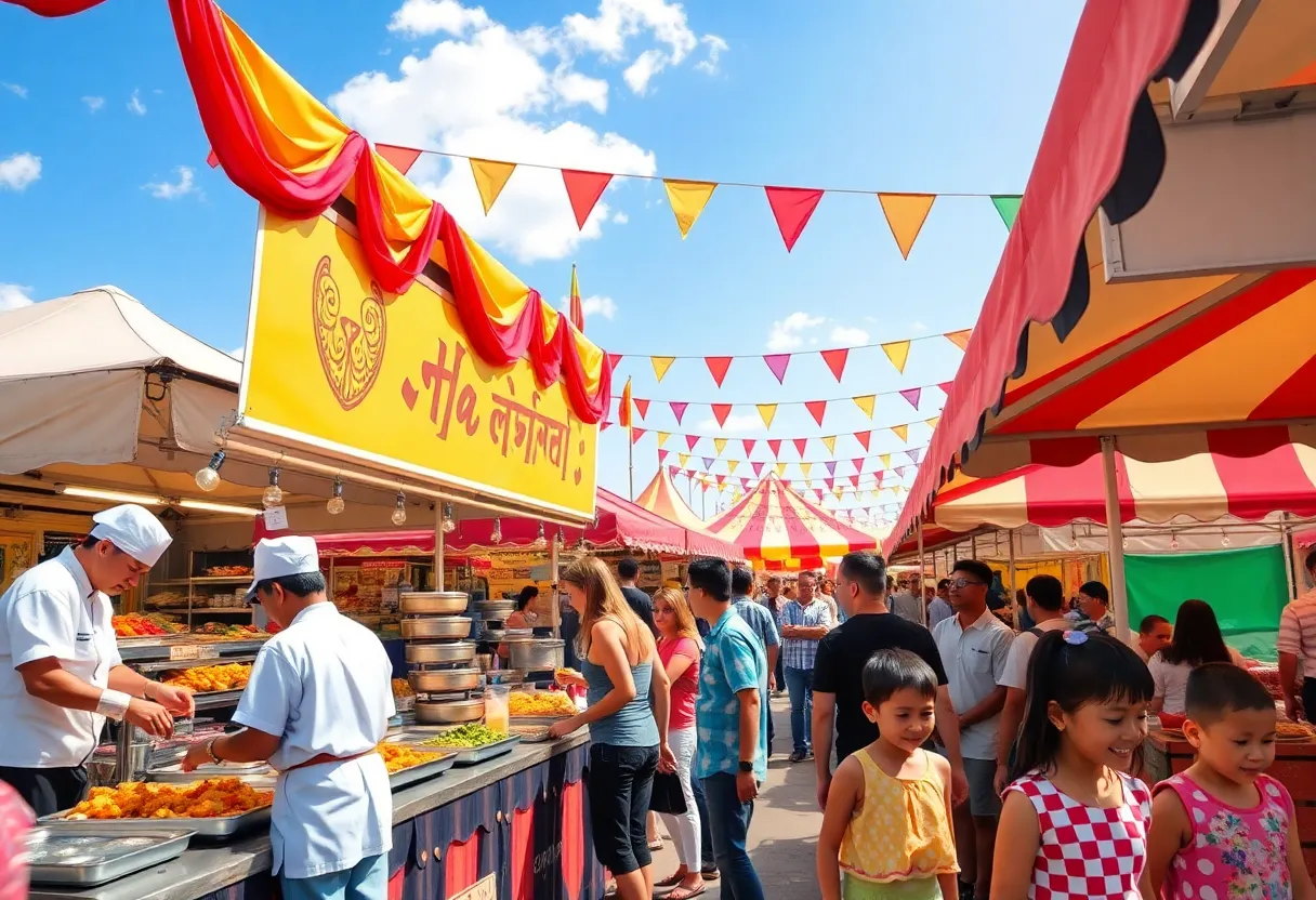Families and friends enjoying the Columbia Food and Wine Festival with food stalls in the background.