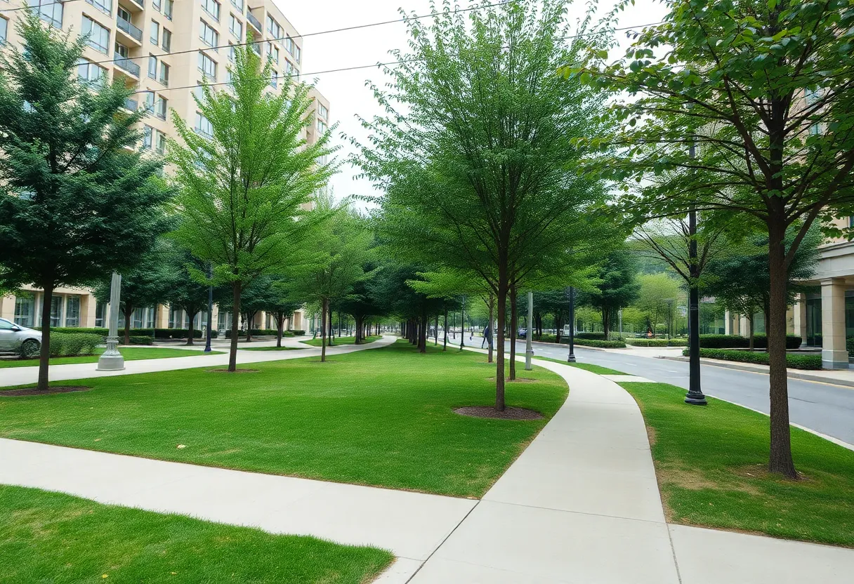 A park in Columbia showcasing green trees and a clear sky with no overhead wires.