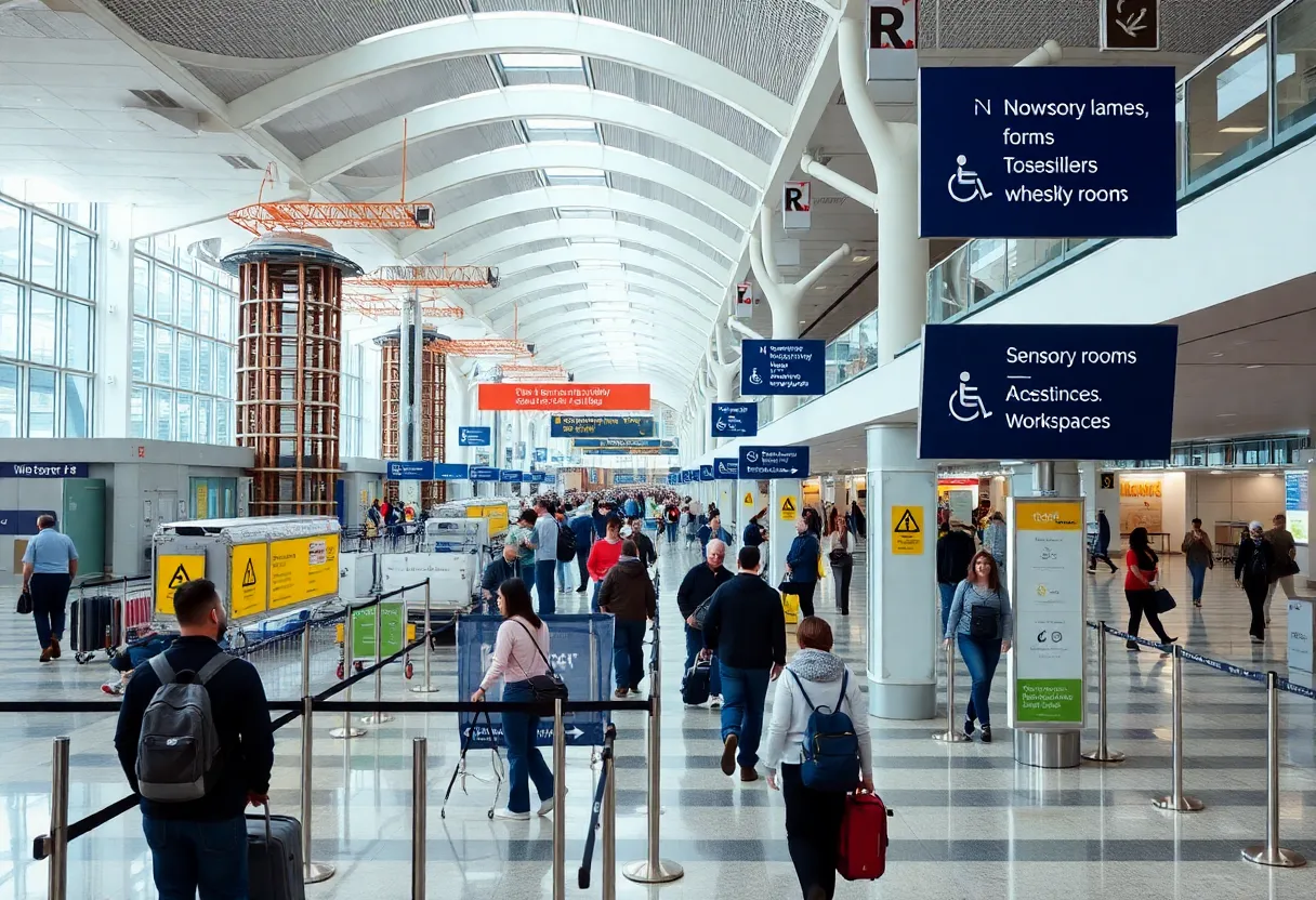 Construction at Columbia Metropolitan Airport showcasing new security lanes and accessibility features.