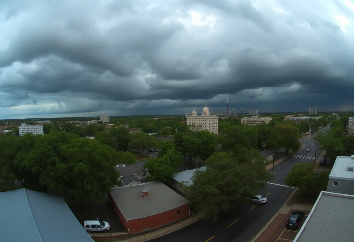 Panoramic view of Columbia, SC facing Hurricane Helene with stormy skies