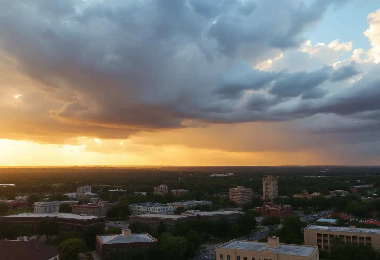 A landscape view of Columbia SC showing sunny weather with storm clouds in the distance.