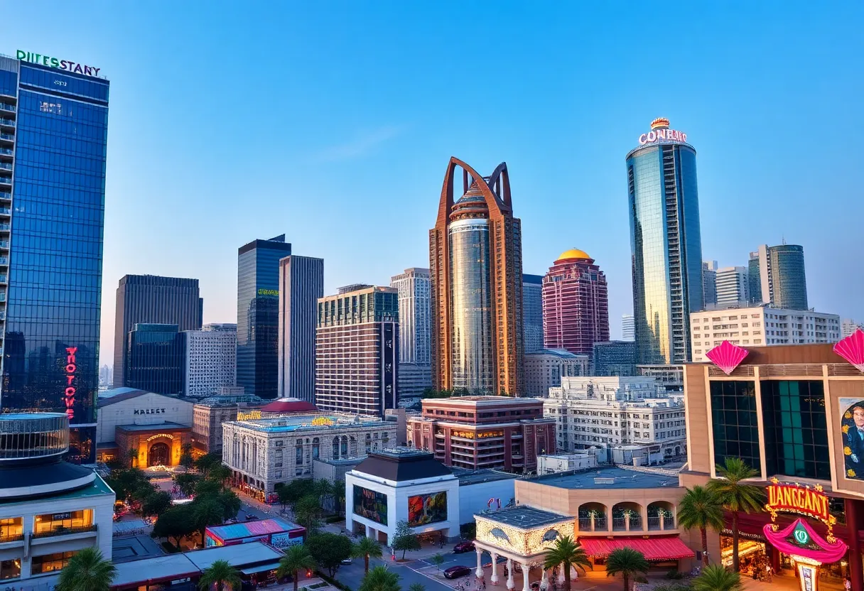 Urban skyline view of Columbia with buildings of varying heights and a focus on hotels.