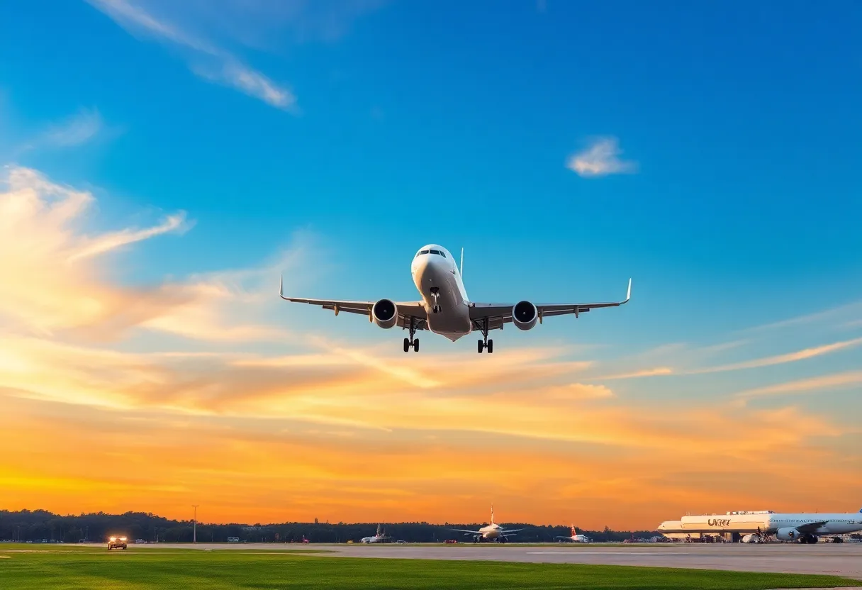 Airplane departing Columbia Metropolitan Airport during summer