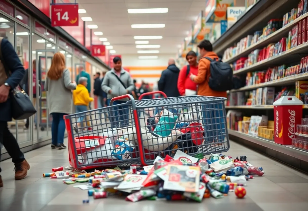 Scene at TJ Maxx with shoppers and an overturned hamper