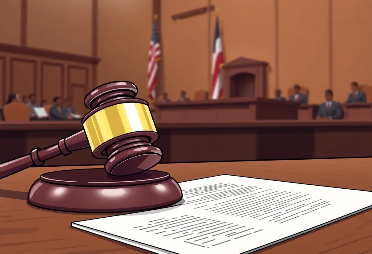 Illustration of a courtroom representing legal proceedings in a deportation case