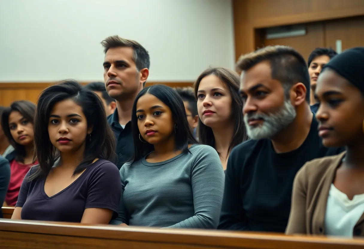A family gathered in a courtroom setting, depicting emotional tension over a child’s deportation case.