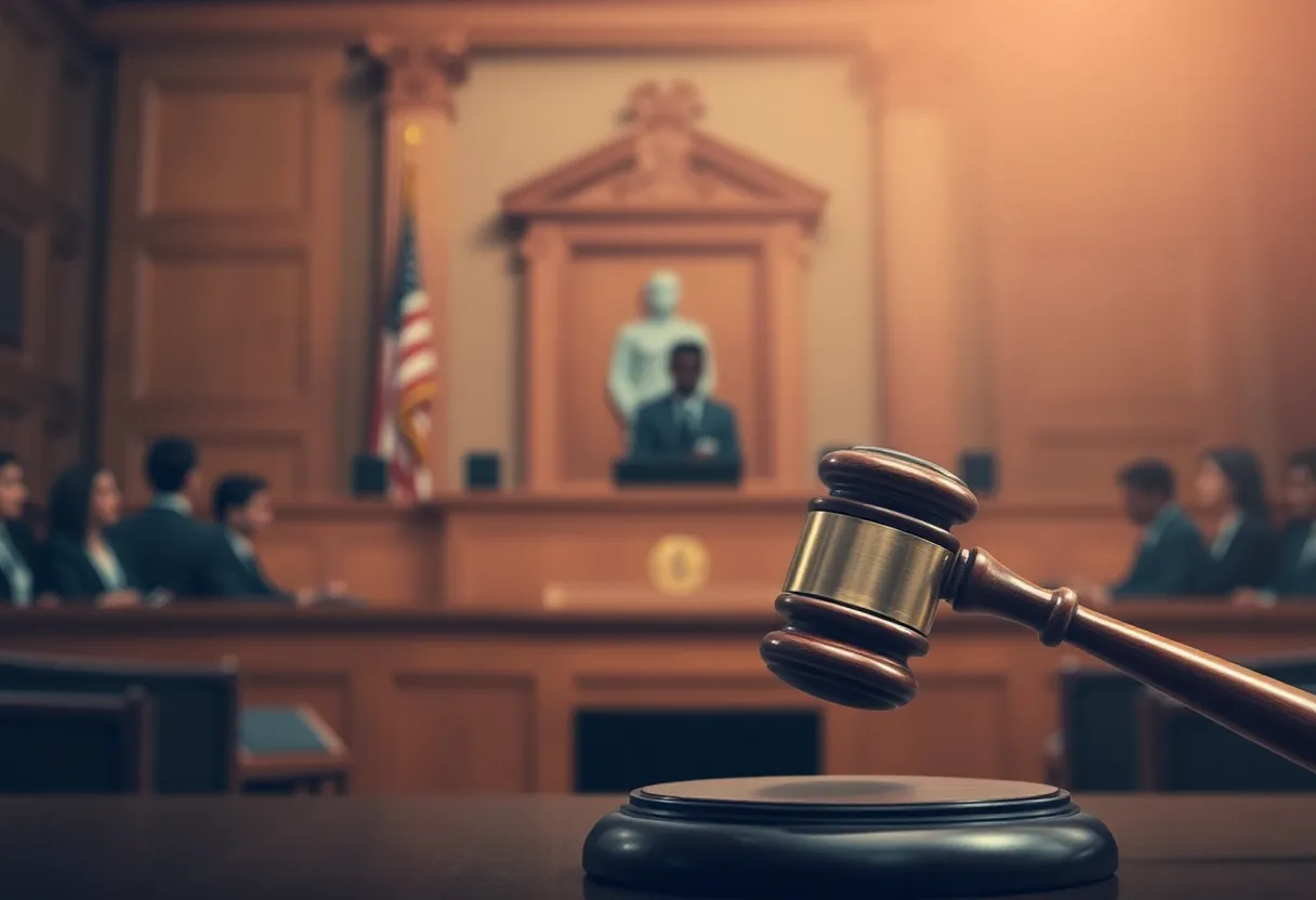 A courtroom scene depicting legal tension and proceedings