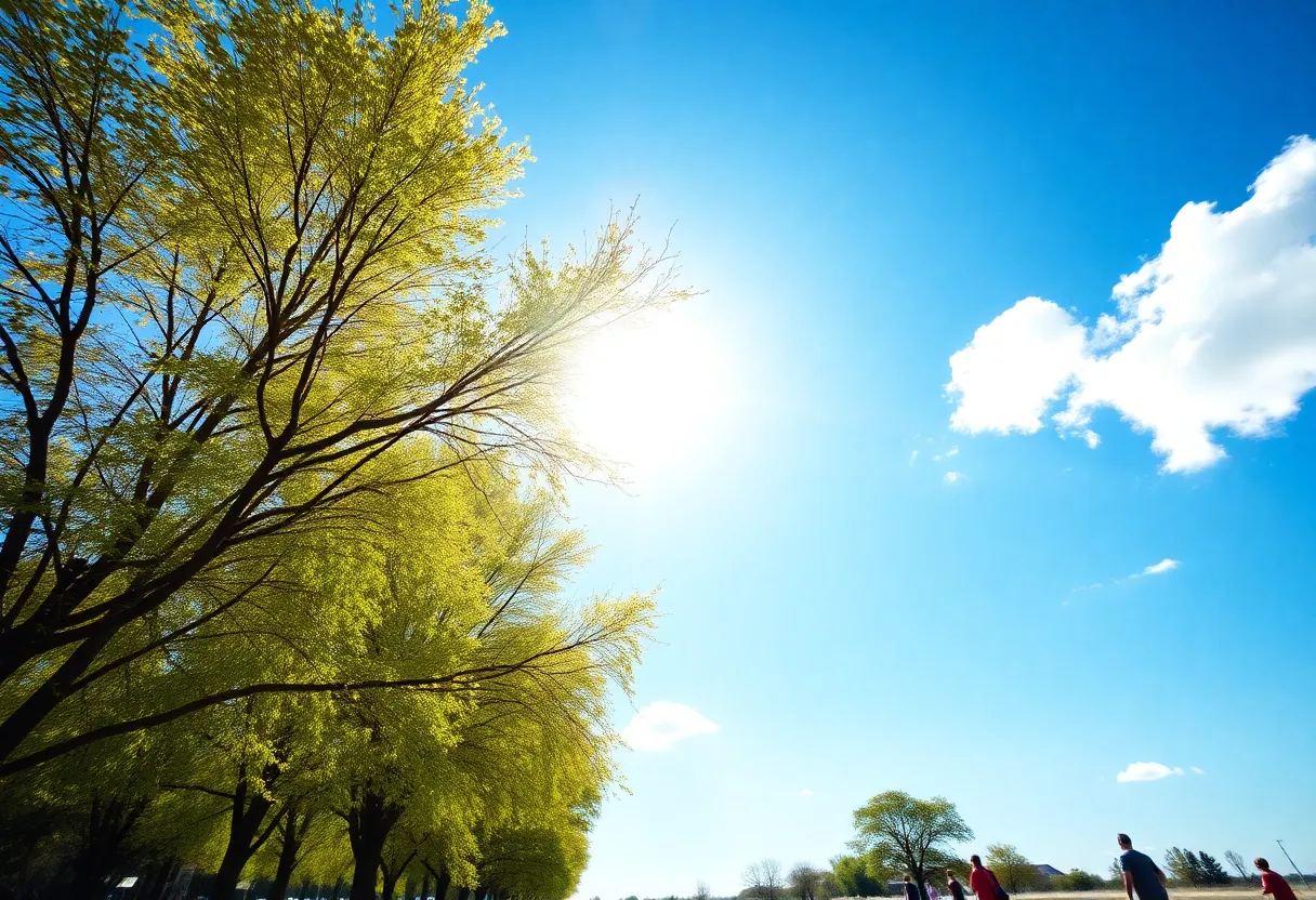 Clear blue sky with sunlight, trees, and people outdoors in the CSRA.