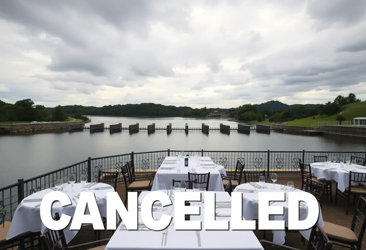 Cloudy view of Lake Murray with dining setups that reflect a canceled event