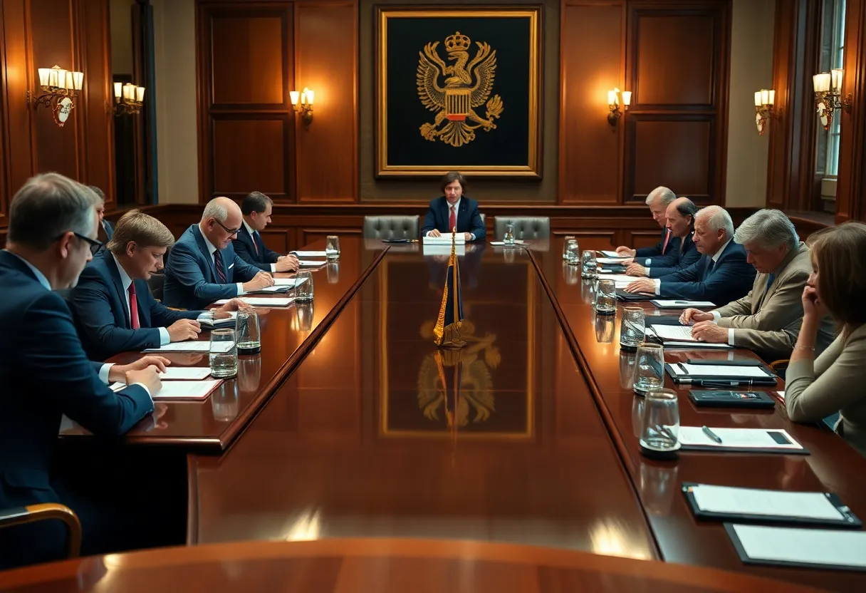 Diplomatic meeting with officials discussing at a large table