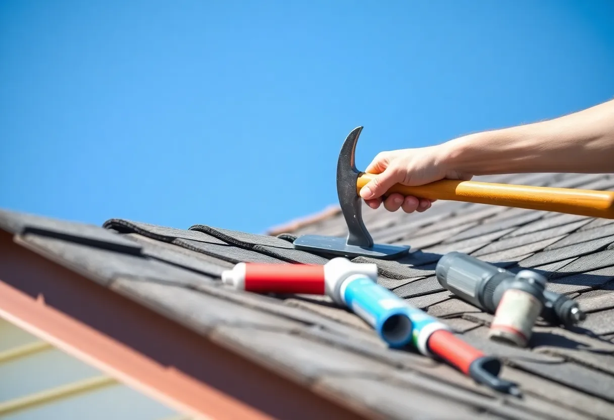 A homeowner engaged in DIY roof shingle repair