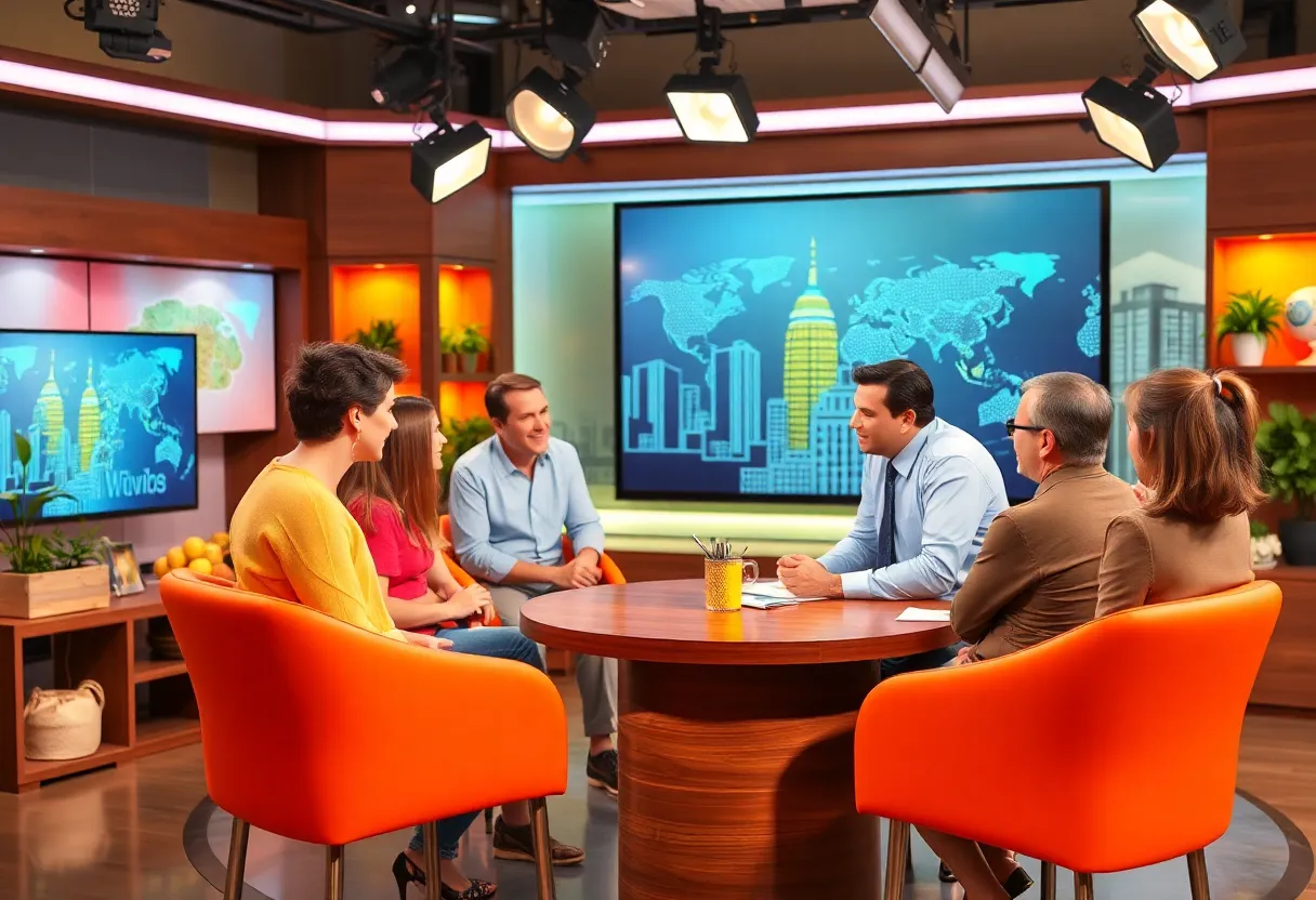 A news studio with a warm atmosphere representing the local community.