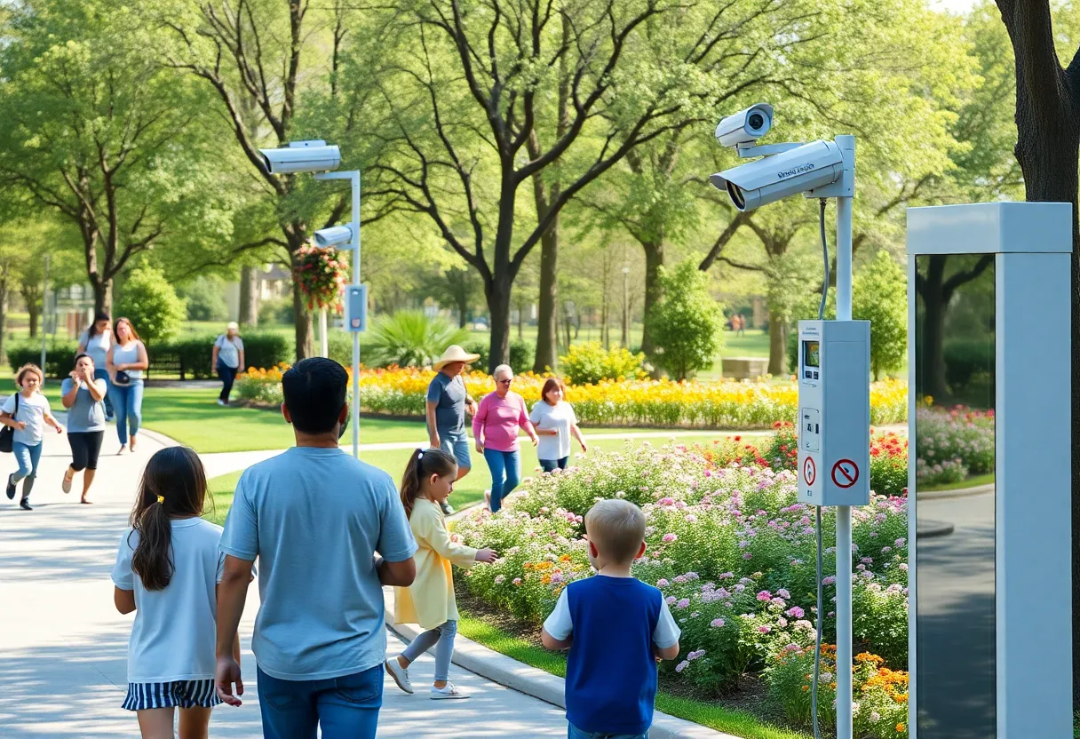 A view of Finlay Park with new security features and families enjoying the park.