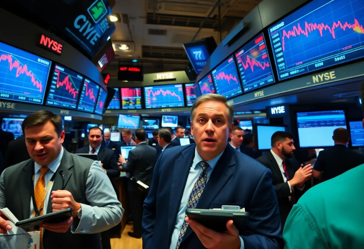 Image depicting a chaotic stock market trading floor during a decline.