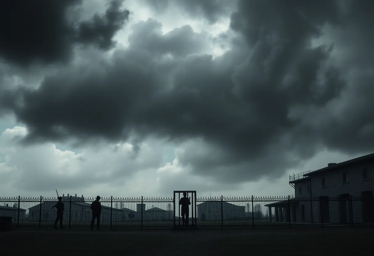 Illustration of a firing squad in a prison, symbolizing capital punishment.