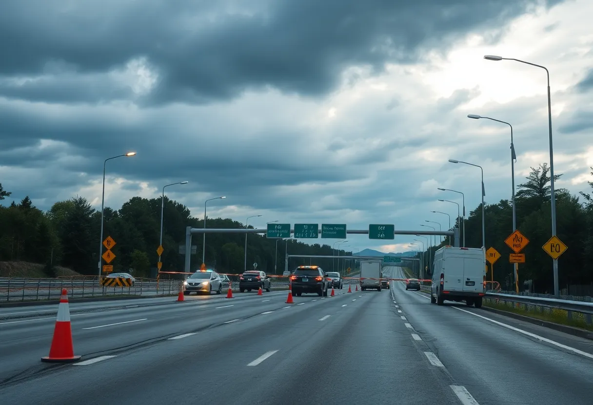 Closed I-20 highway with police at the scene of a traffic incident