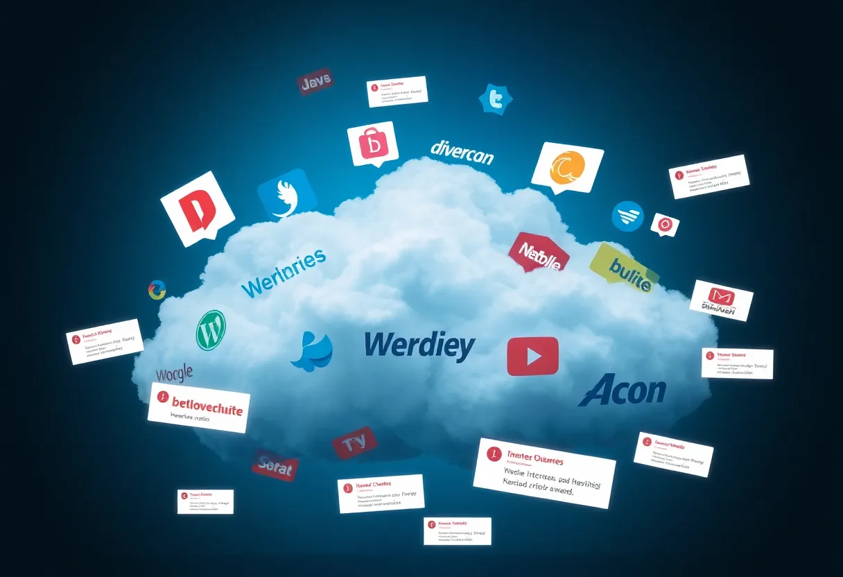 Digital representation of major websites impacted by an internet outage with error messages around.