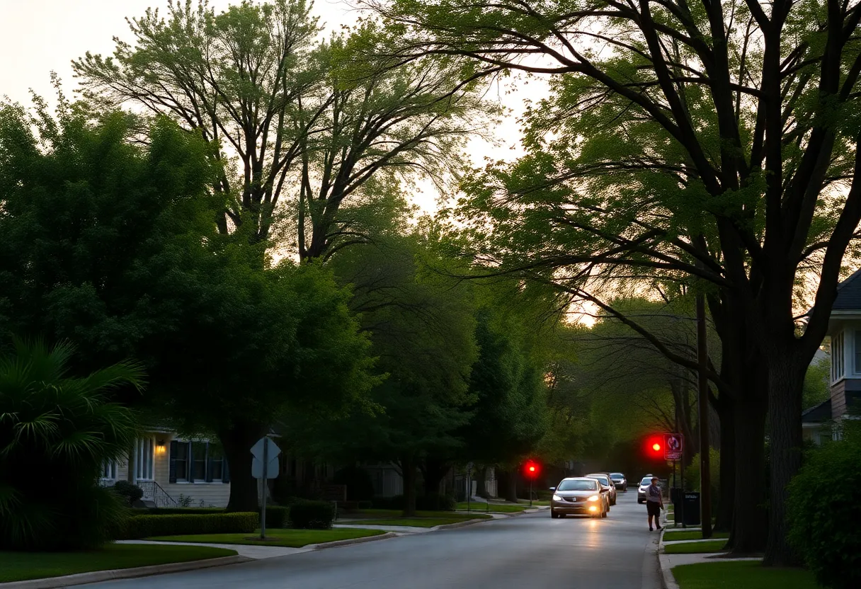Police lights illuminating a neighborhood street