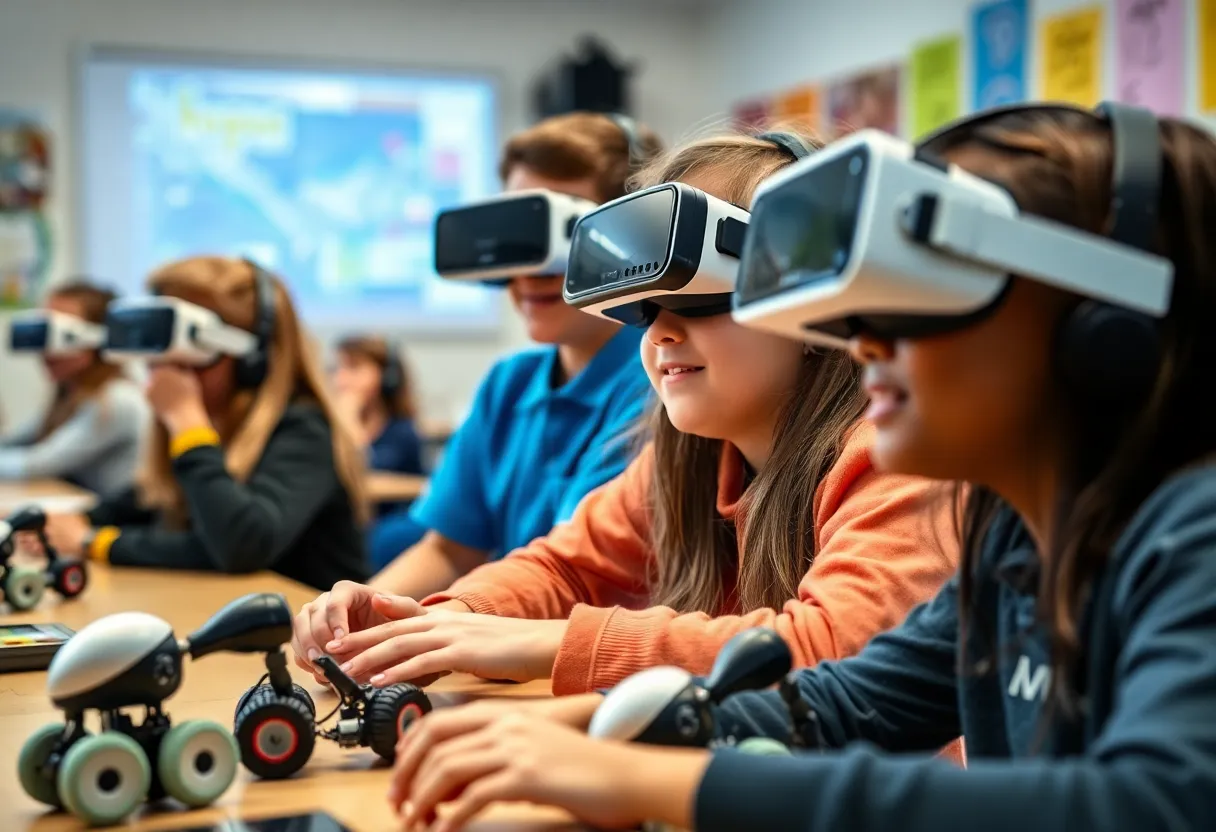 Students using VR goggles and coding robots in a classroom