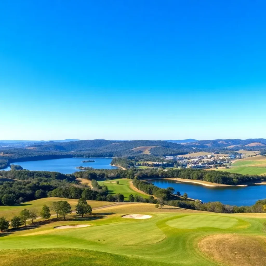 Lush green golf course in Lexington South Carolina with hills and a lake