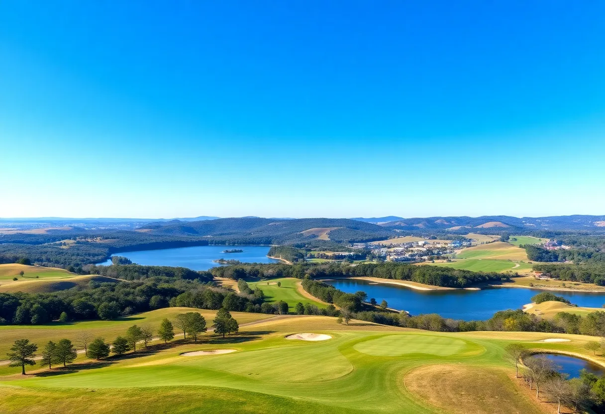 Lush green golf course in Lexington South Carolina with hills and a lake