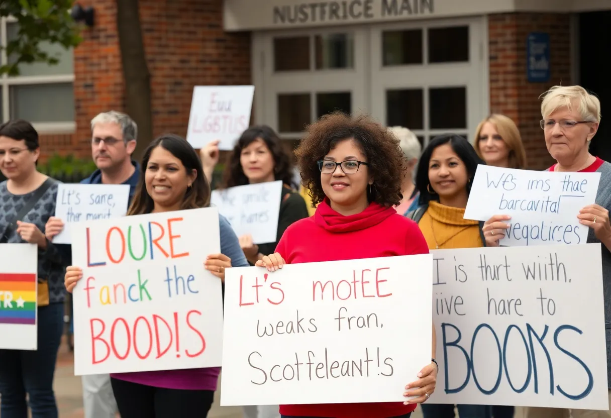 Parents protesting against LGBTQ+ book policy changes at a school.