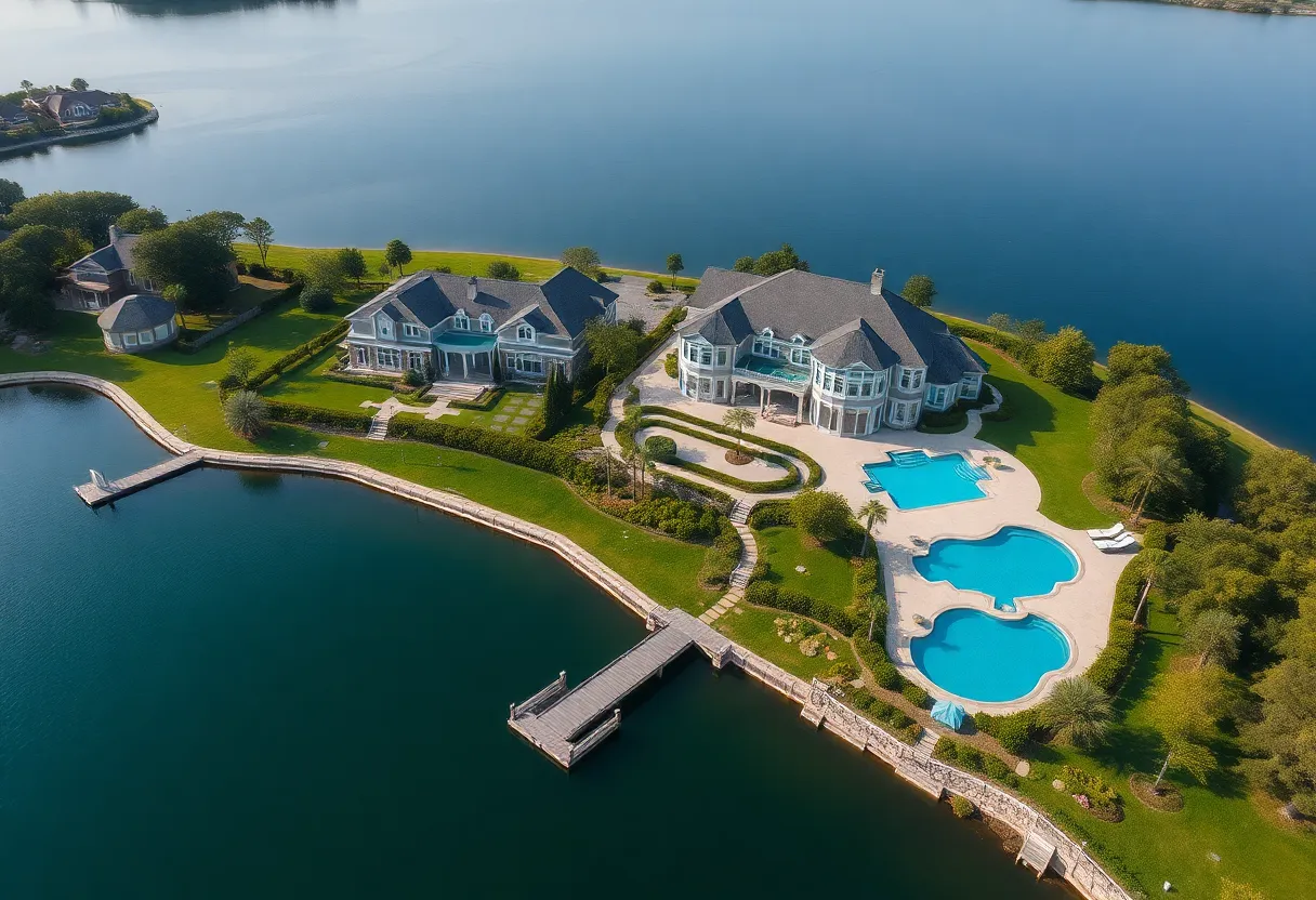 A luxurious estate on Lake Murray featuring a pool and dock