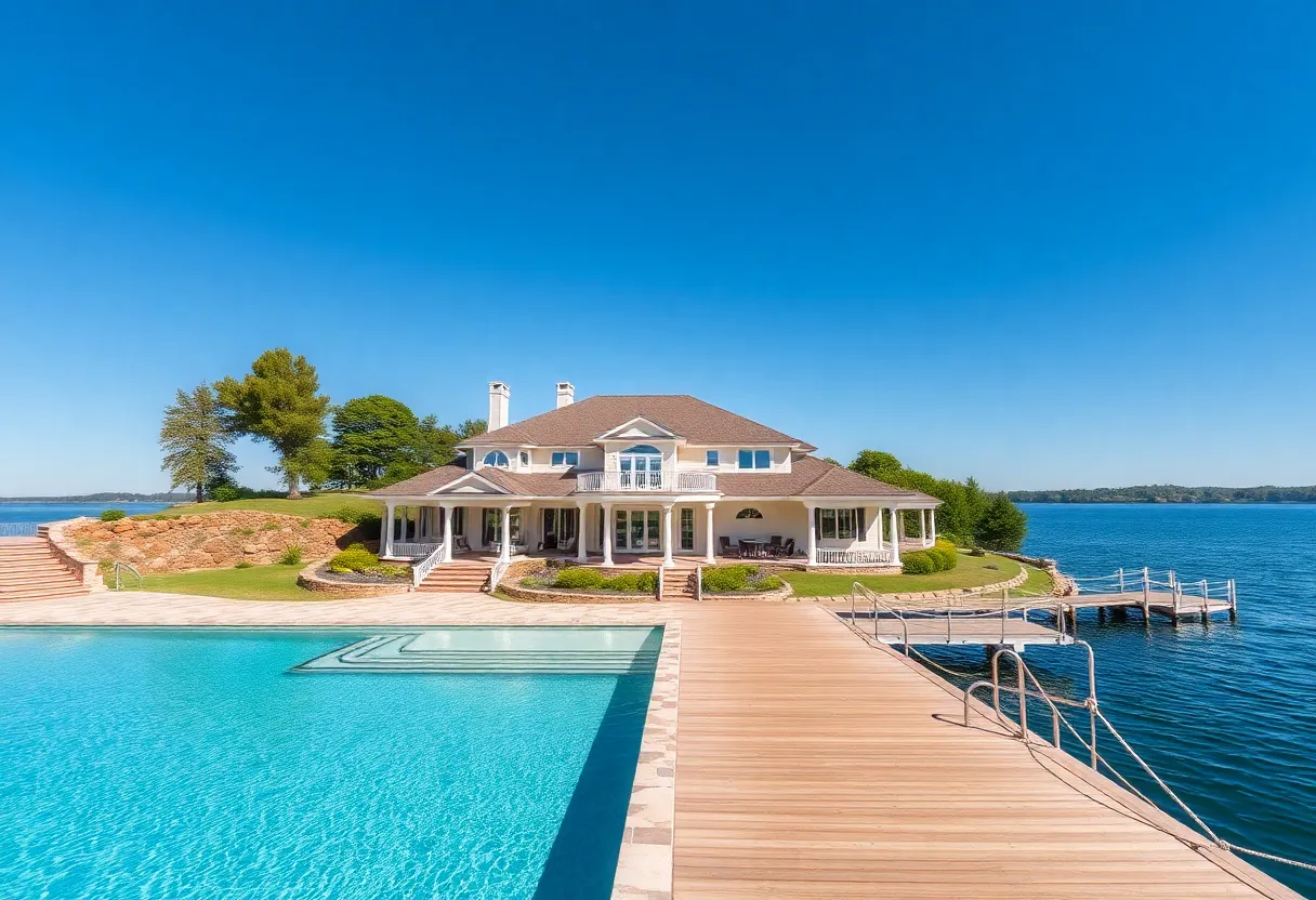 A scenic view of a luxurious estate by Lake Murray with a swimming pool and private dock