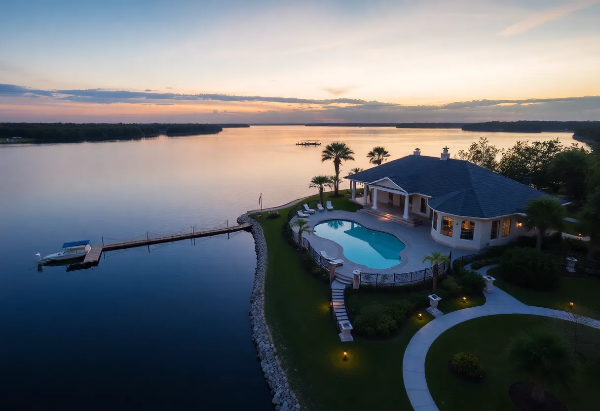 A stunning estate overlooking Lake Murray with manicured gardens and a pool.