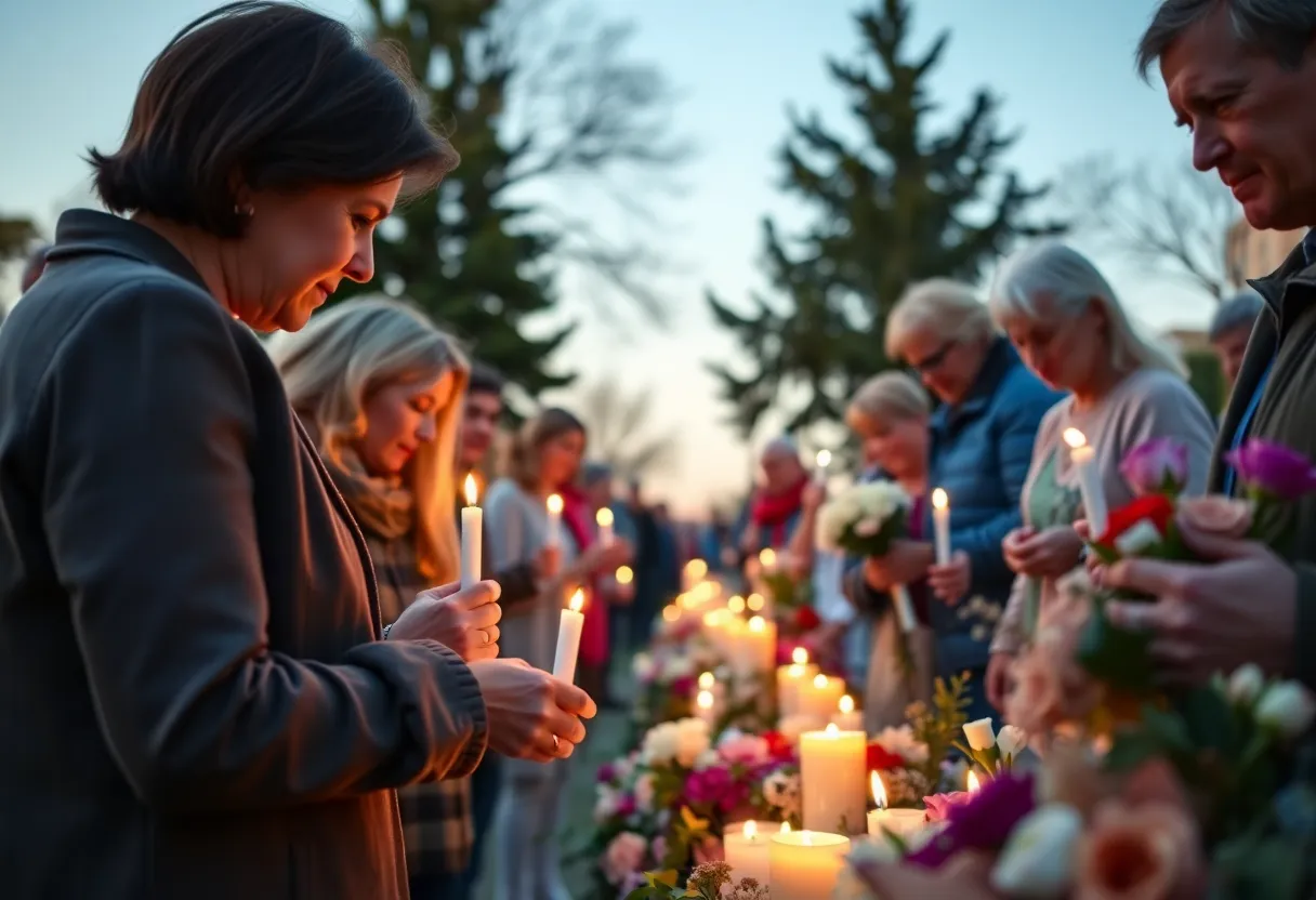 Community members gathered for a memorial service with candles and flowers
