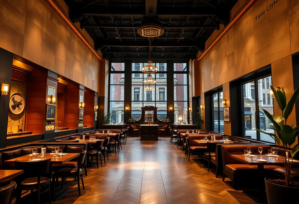 Spacious and elegant interior of a modern steakhouse with outdoor seating.