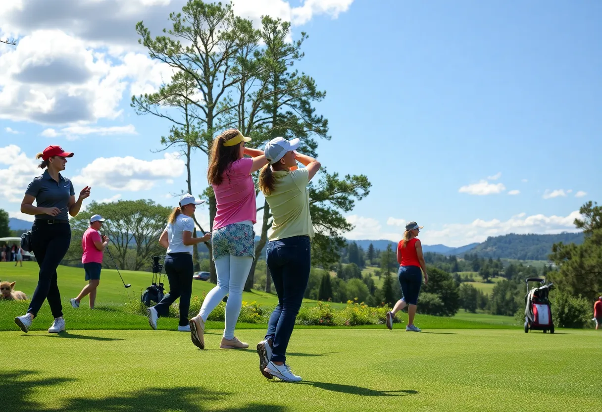 A group of women golfing on a beautiful golf course during a tournament.