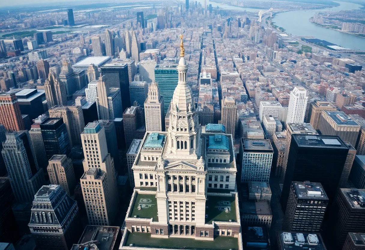 Aerial view of New York City skyline featuring government buildings