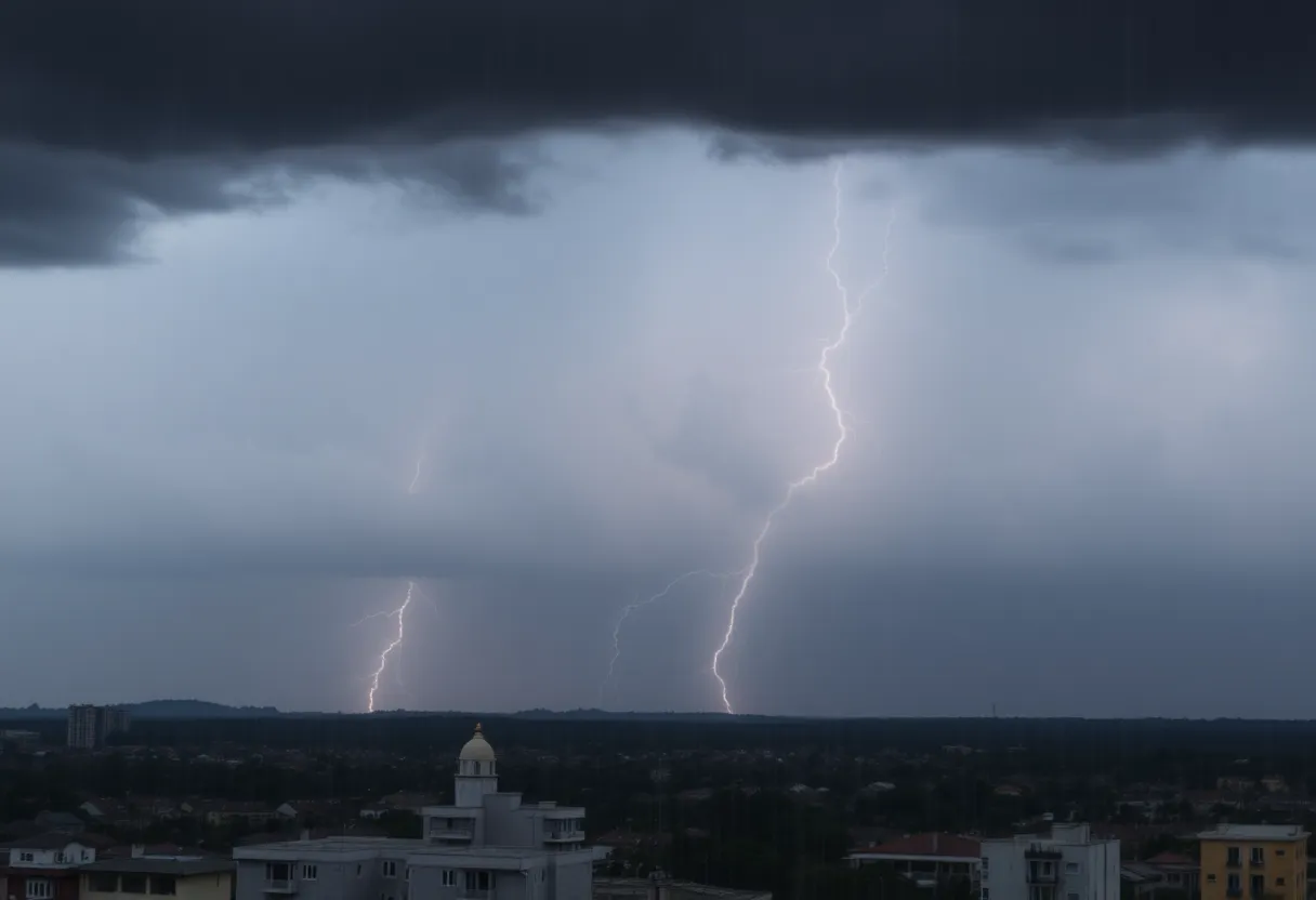 Dark stormy sky over Columbia city landscape with rain.