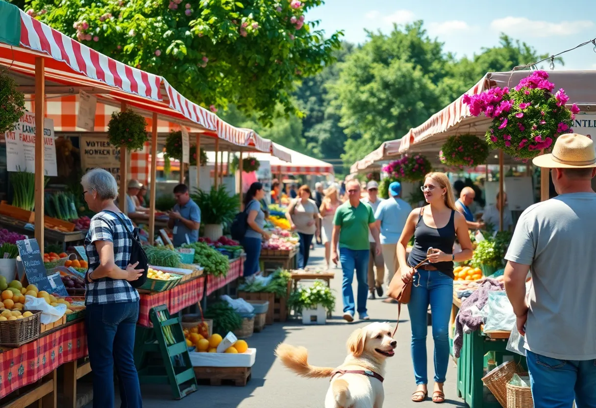 Crowd enjoying Soda City Farmers' Market with fresh produce and flowers on display.