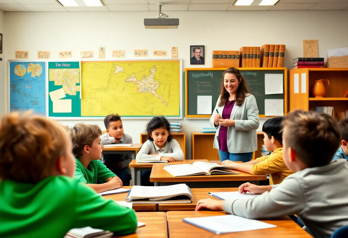 Classroom setting with a teacher and students participating in a history lesson