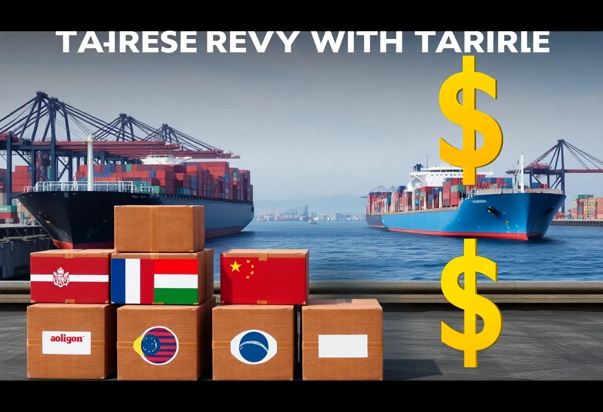 Illustration of international trade with tariffs depicted through shipping containers and rising prices.