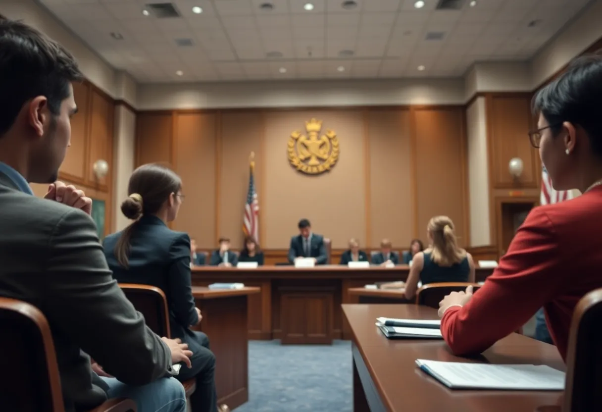 Courtroom scene related to transgender athletes legal case